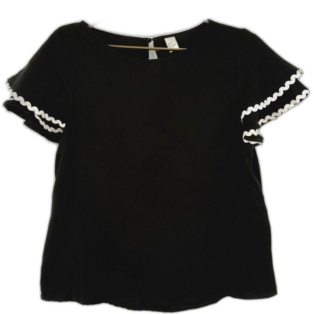 Unbranded Women's Black Flutter Short Sleeve Blouse Top White Zig Zag Trim Sz M